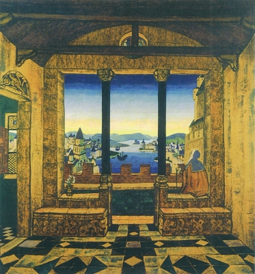 Рерих Н.К. вид из окна замка на средневековый город (эскиз декорации 